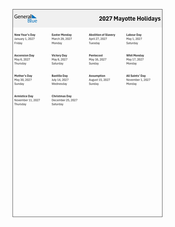 Free printable list of Mayotte holidays for year 2027