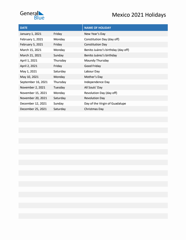 Free printable list of Mexico holidays for year 2021