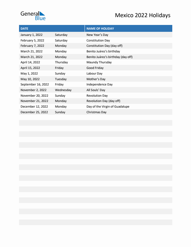 Free printable list of Mexico holidays for year 2022