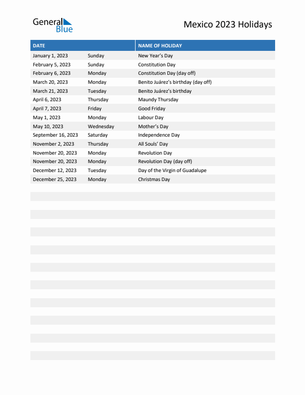 Free printable list of Mexico holidays for year 2023