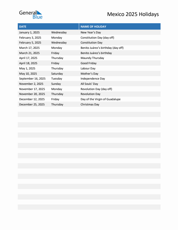 Free printable list of Mexico holidays for year 2025