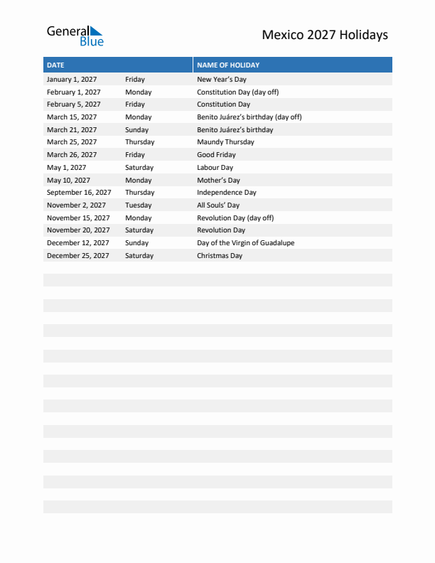 Free printable list of Mexico holidays for year 2027