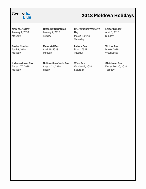 Free printable list of Moldova holidays for year 2018