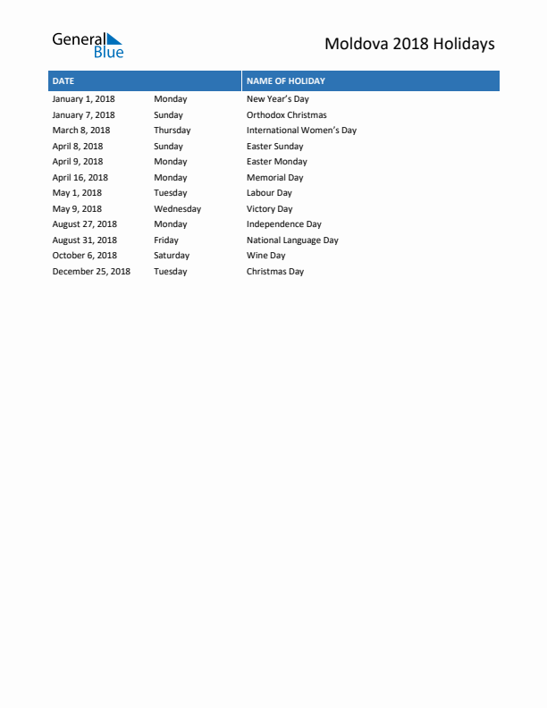 Free printable list of Moldova holidays for year 2018