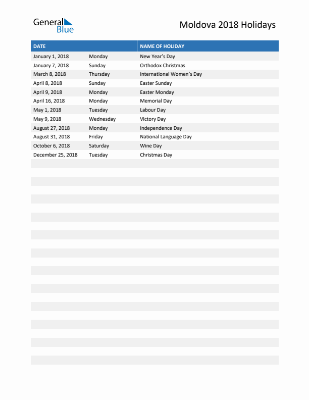 Free printable list of Moldova holidays for year 2018