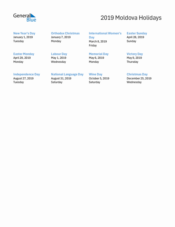 Free printable list of Moldova holidays for year 2019