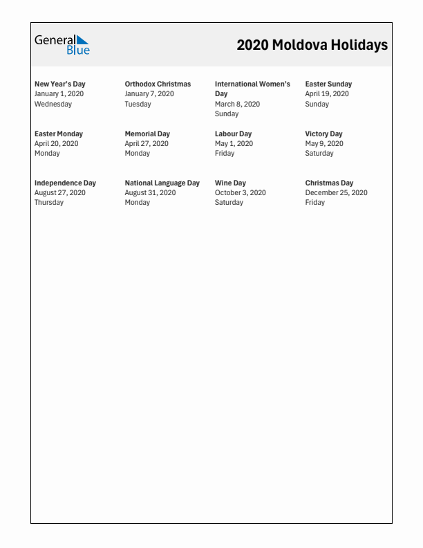 Free printable list of Moldova holidays for year 2020