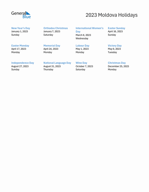 Free printable list of Moldova holidays for year 2023