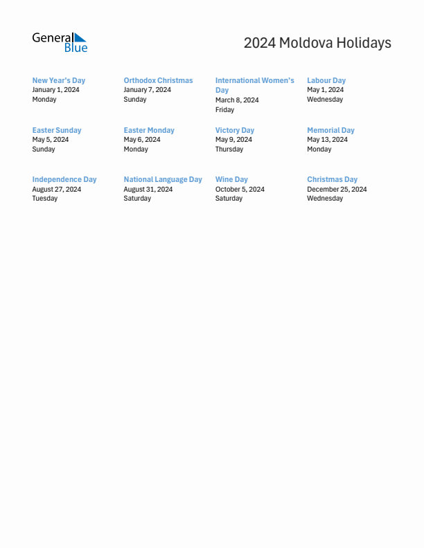 Free printable list of Moldova holidays for year 2024