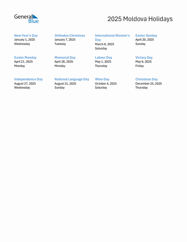 Free printable list of Moldova holidays for year 2025