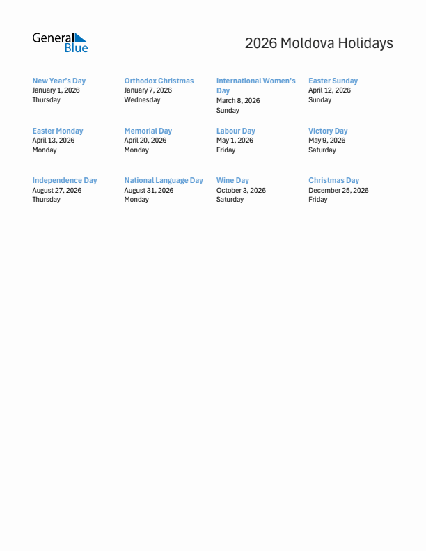 Free printable list of Moldova holidays for year 2026