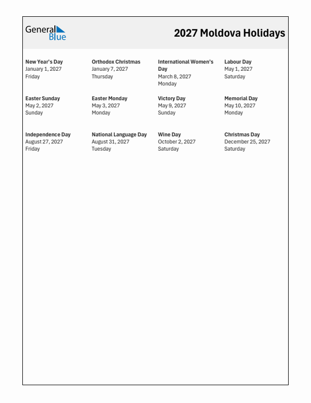 Free printable list of Moldova holidays for year 2027