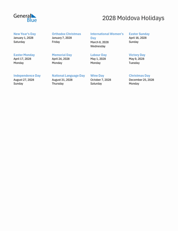 Free printable list of Moldova holidays for year 2028