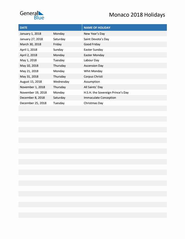 Free printable list of Monaco holidays for year 2018