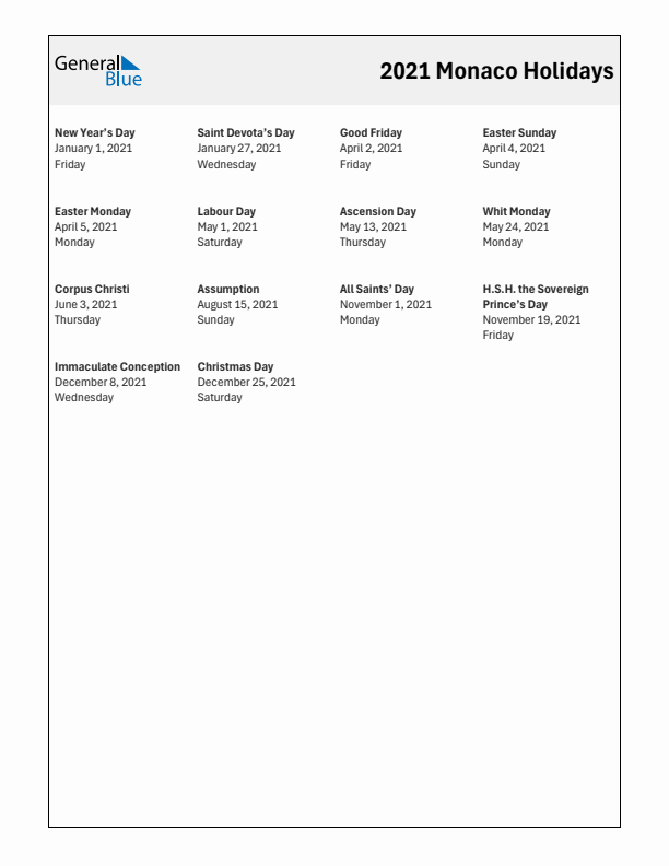 Free printable list of Monaco holidays for year 2021