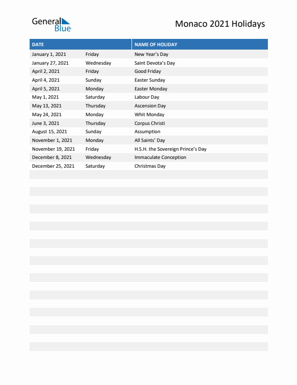 Free printable list of Monaco holidays for year 2021