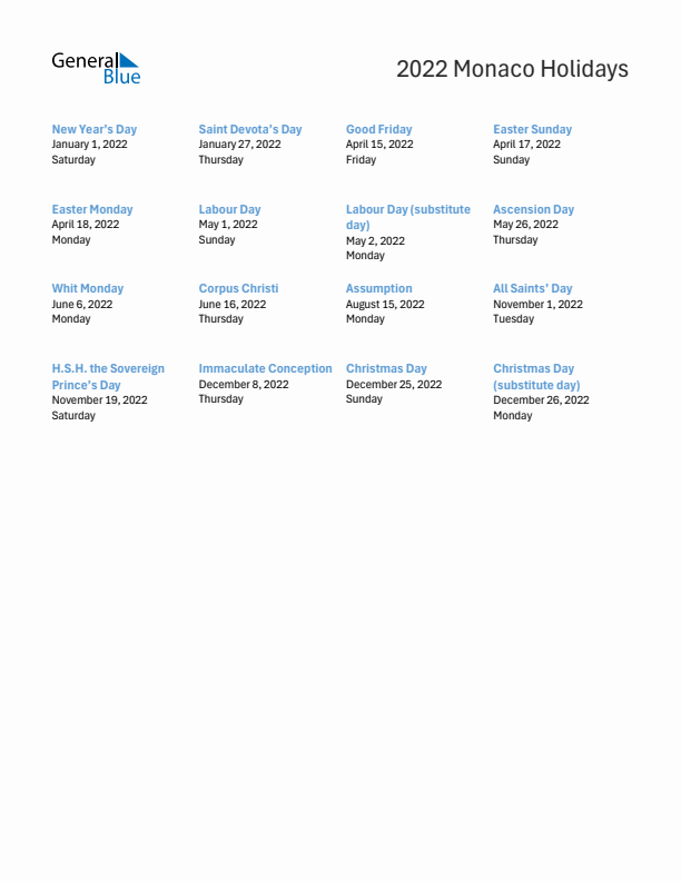 Free printable list of Monaco holidays for year 2022