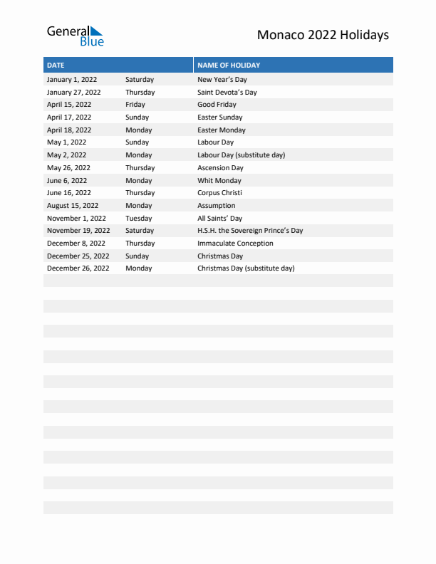 Free printable list of Monaco holidays for year 2022