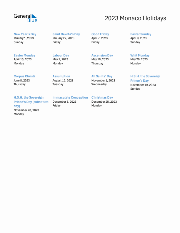 Free printable list of Monaco holidays for year 2023