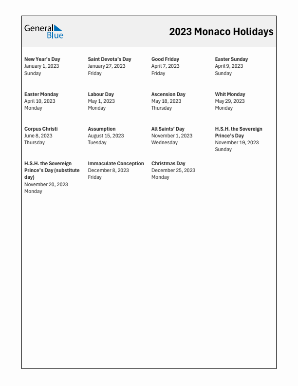 Free printable list of Monaco holidays for year 2023