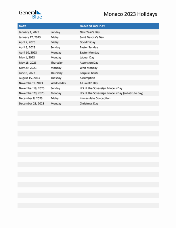 Free printable list of Monaco holidays for year 2023