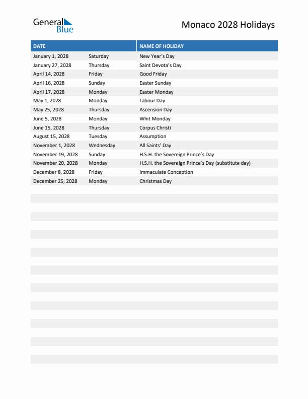 Free printable list of Monaco holidays for year 2028