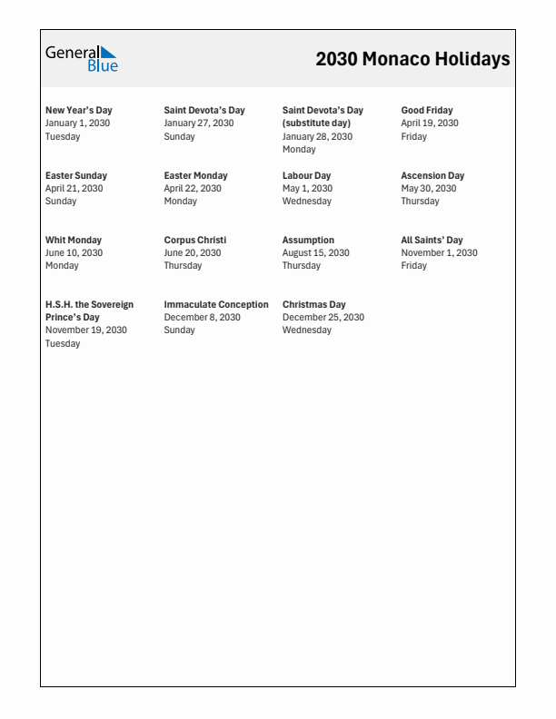 Free printable list of Monaco holidays for year 2030