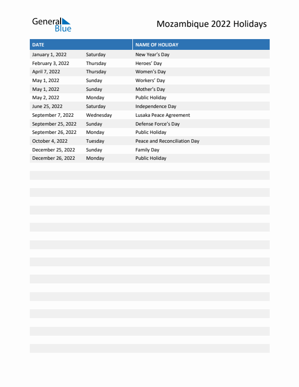 Free printable list of Mozambique holidays for year 2022