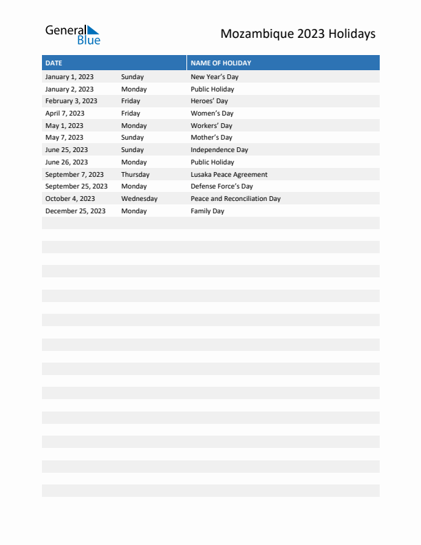 Free printable list of Mozambique holidays for year 2023