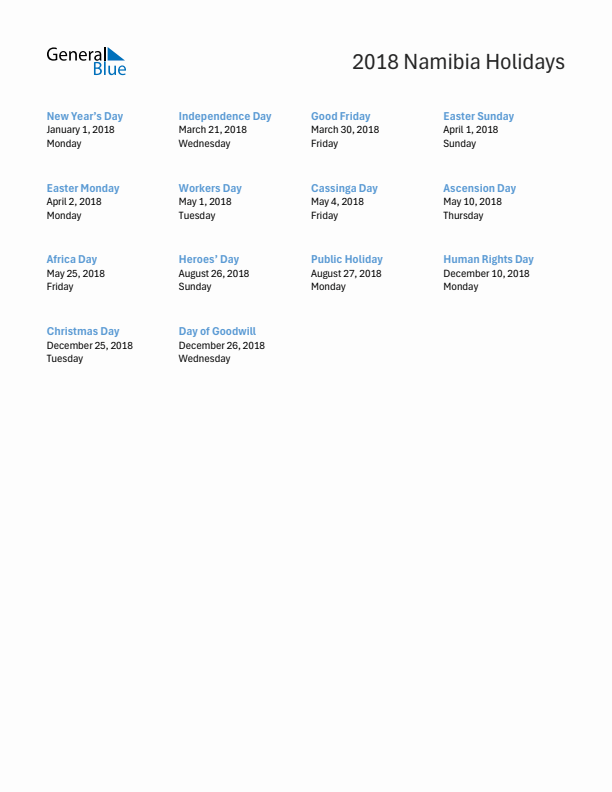 Free printable list of Namibia holidays for year 2018