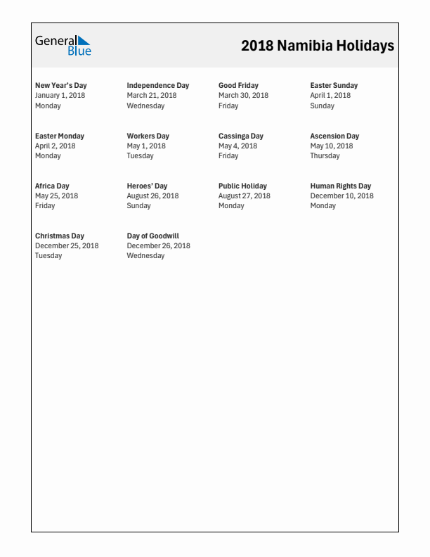 Free printable list of Namibia holidays for year 2018