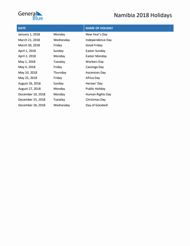 Free printable list of Namibia holidays for year 2018