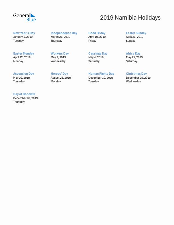 Free printable list of Namibia holidays for year 2019