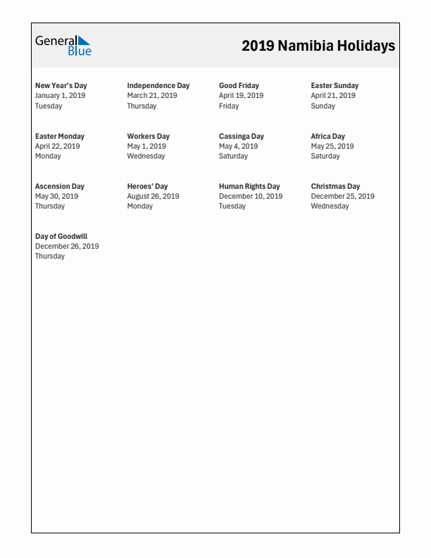 Free printable list of Namibia holidays for year 2019