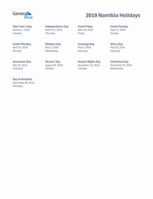 Free printable list of Namibia holidays for year 2019