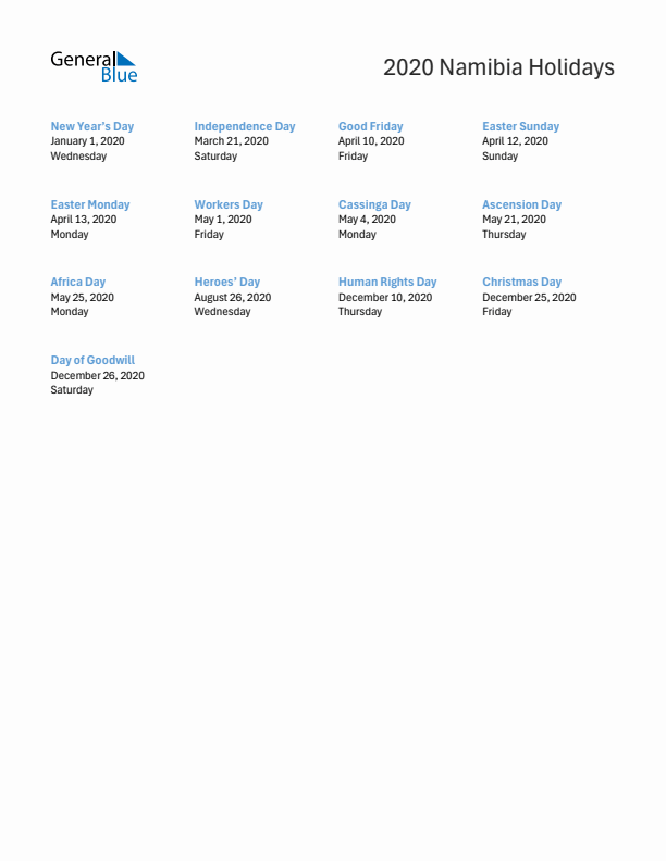 Free printable list of Namibia holidays for year 2020