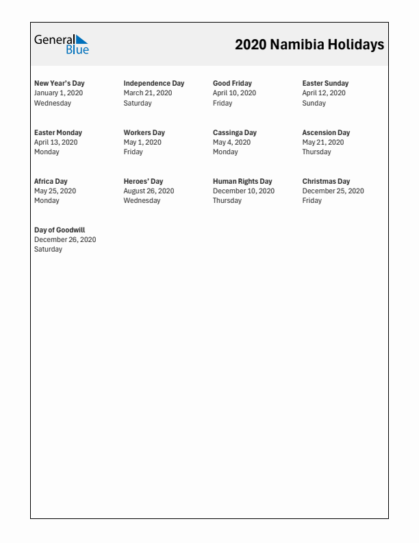 Free printable list of Namibia holidays for year 2020