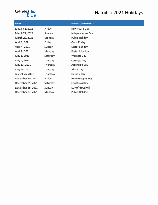 Free printable list of Namibia holidays for year 2021