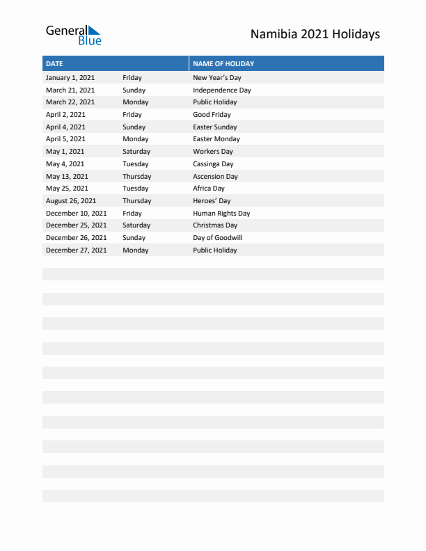 Free printable list of Namibia holidays for year 2021