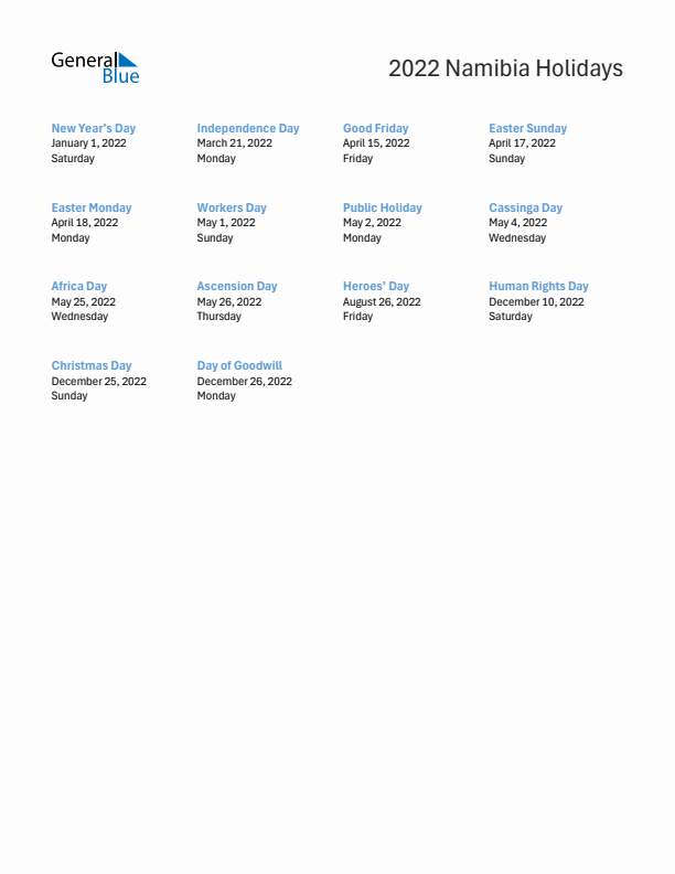 Free printable list of Namibia holidays for year 2022