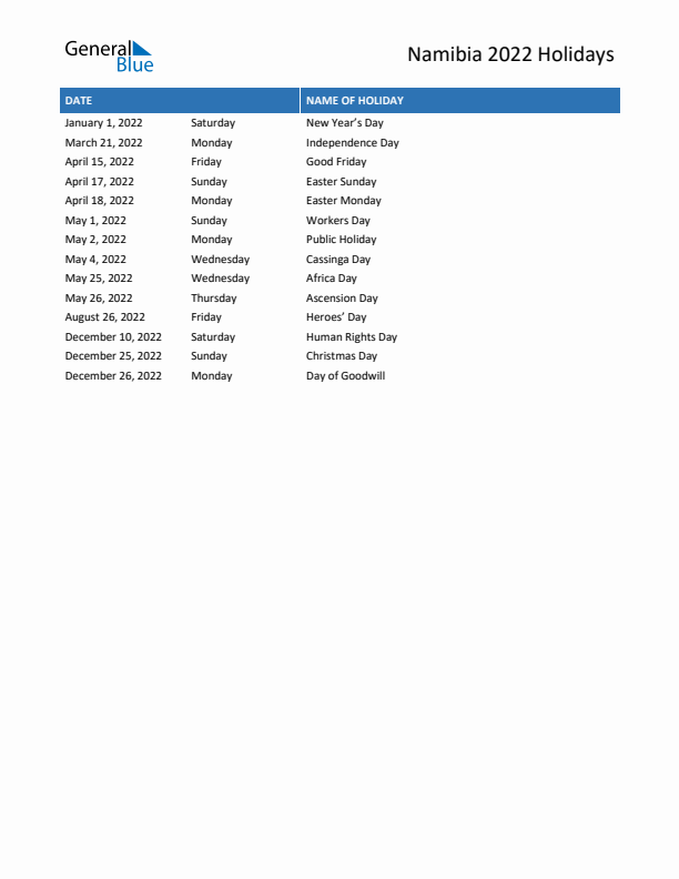 Free printable list of Namibia holidays for year 2022