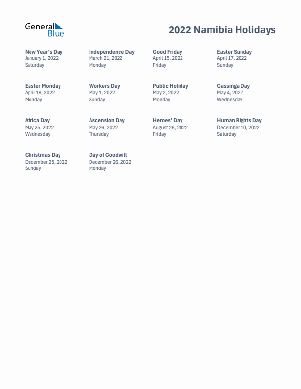 Free printable list of Namibia holidays for year 2022