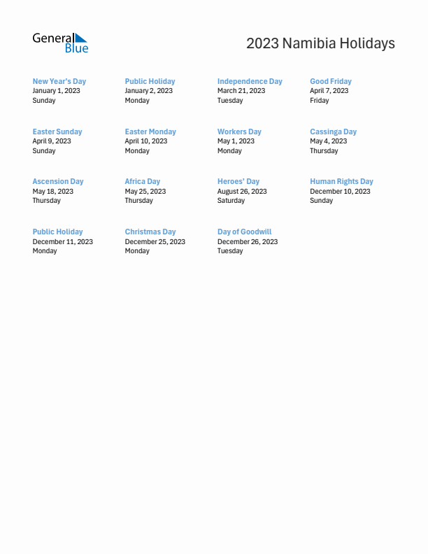 Free printable list of Namibia holidays for year 2023