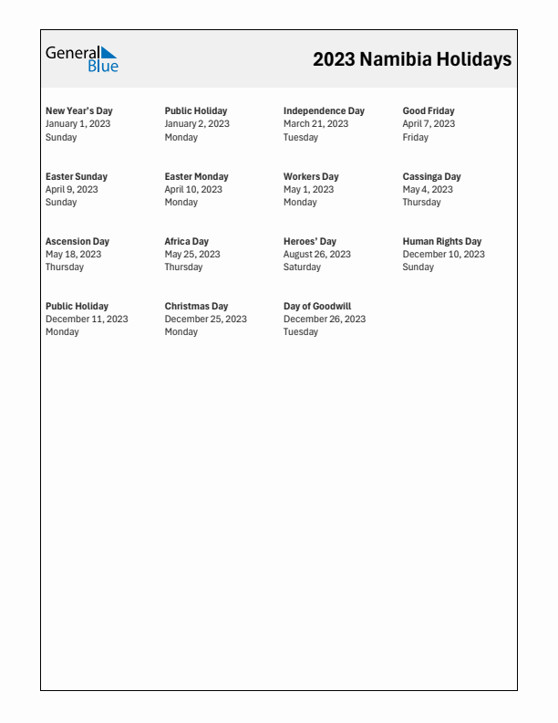 Free printable list of Namibia holidays for year 2023