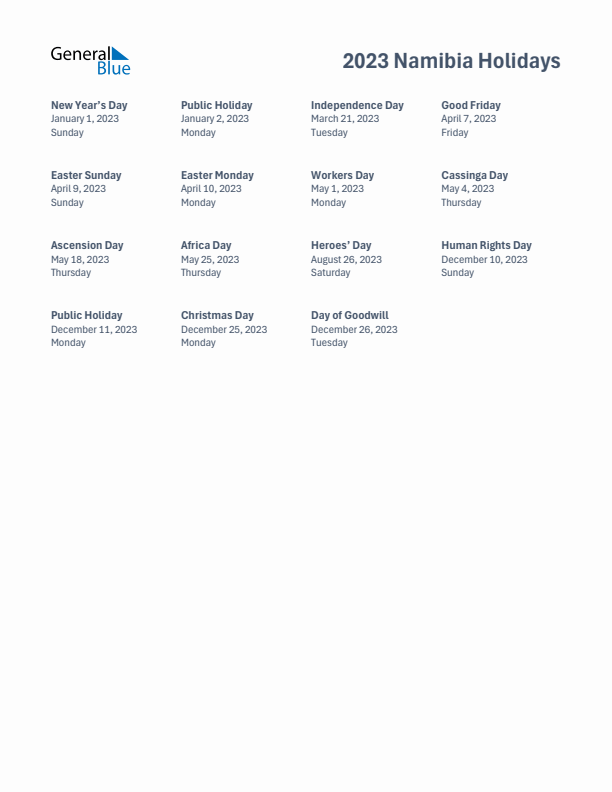 Free printable list of Namibia holidays for year 2023