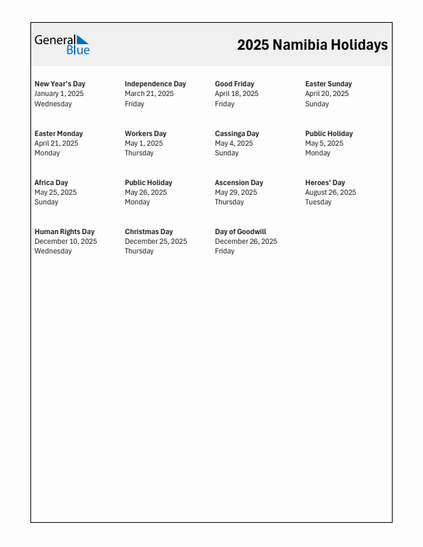 Free printable list of Namibia holidays for year 2025