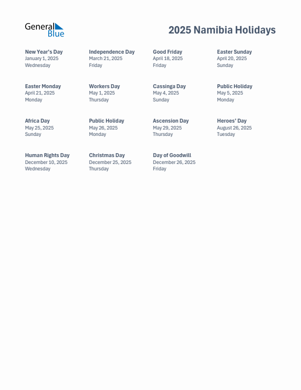 Free printable list of Namibia holidays for year 2025