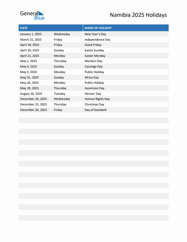 Free printable list of Namibia holidays for year 2025