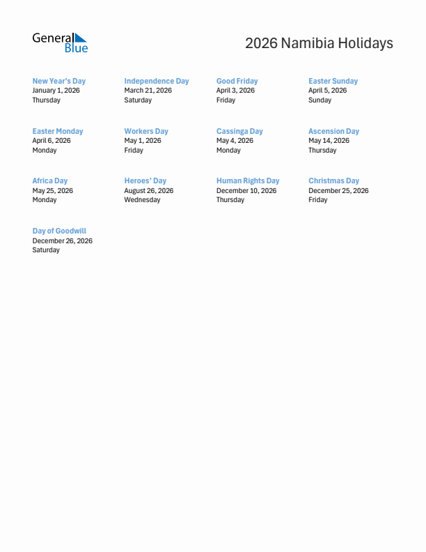 Free printable list of Namibia holidays for year 2026