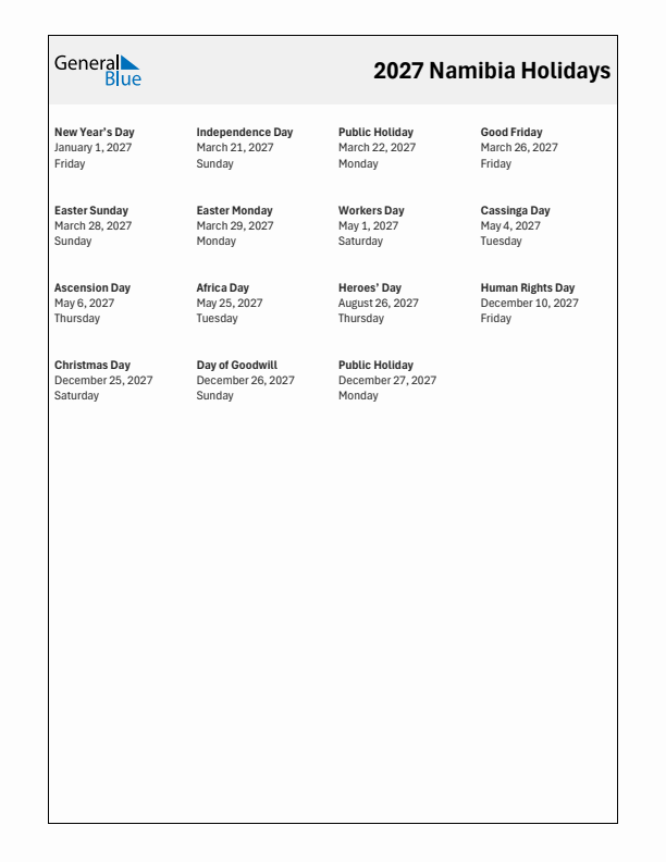 Free printable list of Namibia holidays for year 2027